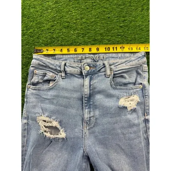 AE Next Level Ripped Super High-Waist Flare Jeans Women's 12 Blue Denim Stretch - Picture 14 of 16